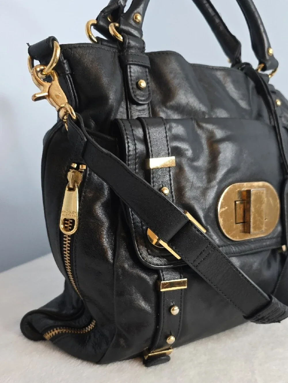 Badgley Mischka Black Leather Satchel with Gold Hardware